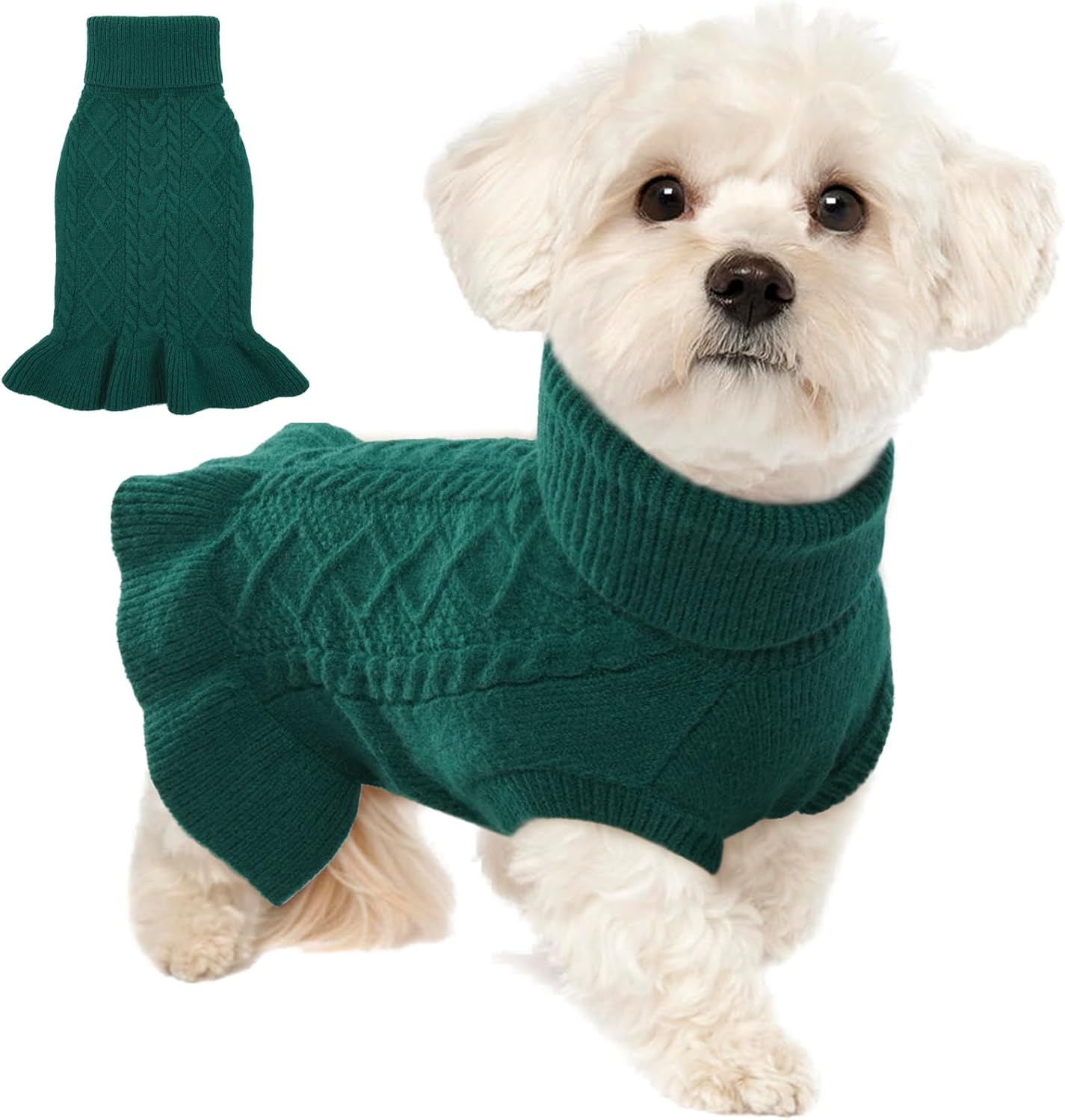 Lelepet Dog Sweater Christmas Turtleneck Knitwear Sweatshirt Cable Knit Warm Dress for Small Medium Large Dogs Puppy Fall Sweater, Yorkie, Maltese, S, Green