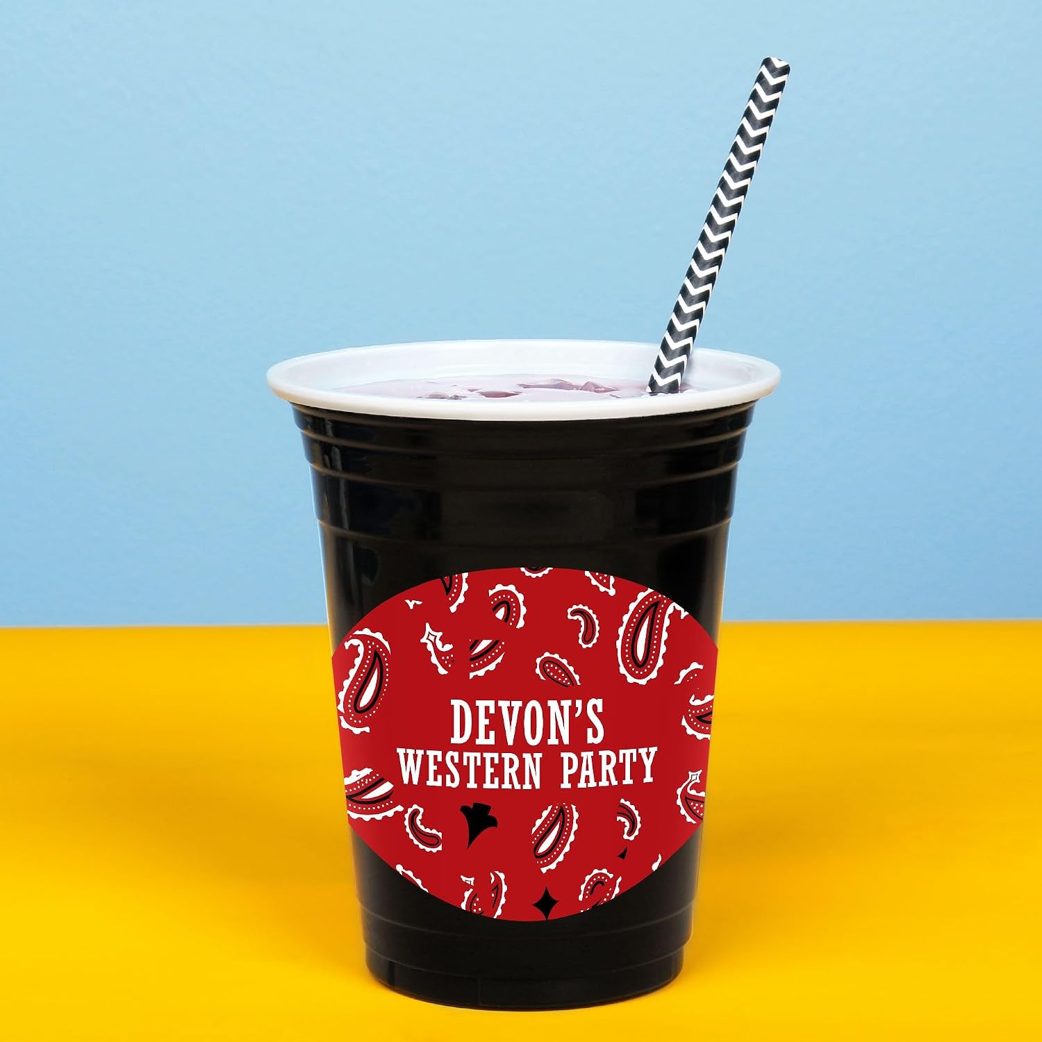 Big Dot of Happiness Custom Western Hoedown Cups, 16oz Disposable Drinkware, Wild West Cowboy Birthday Party Table Decor, Custom Party Cups (Black) & Personalized Stickers - 16 Pack
