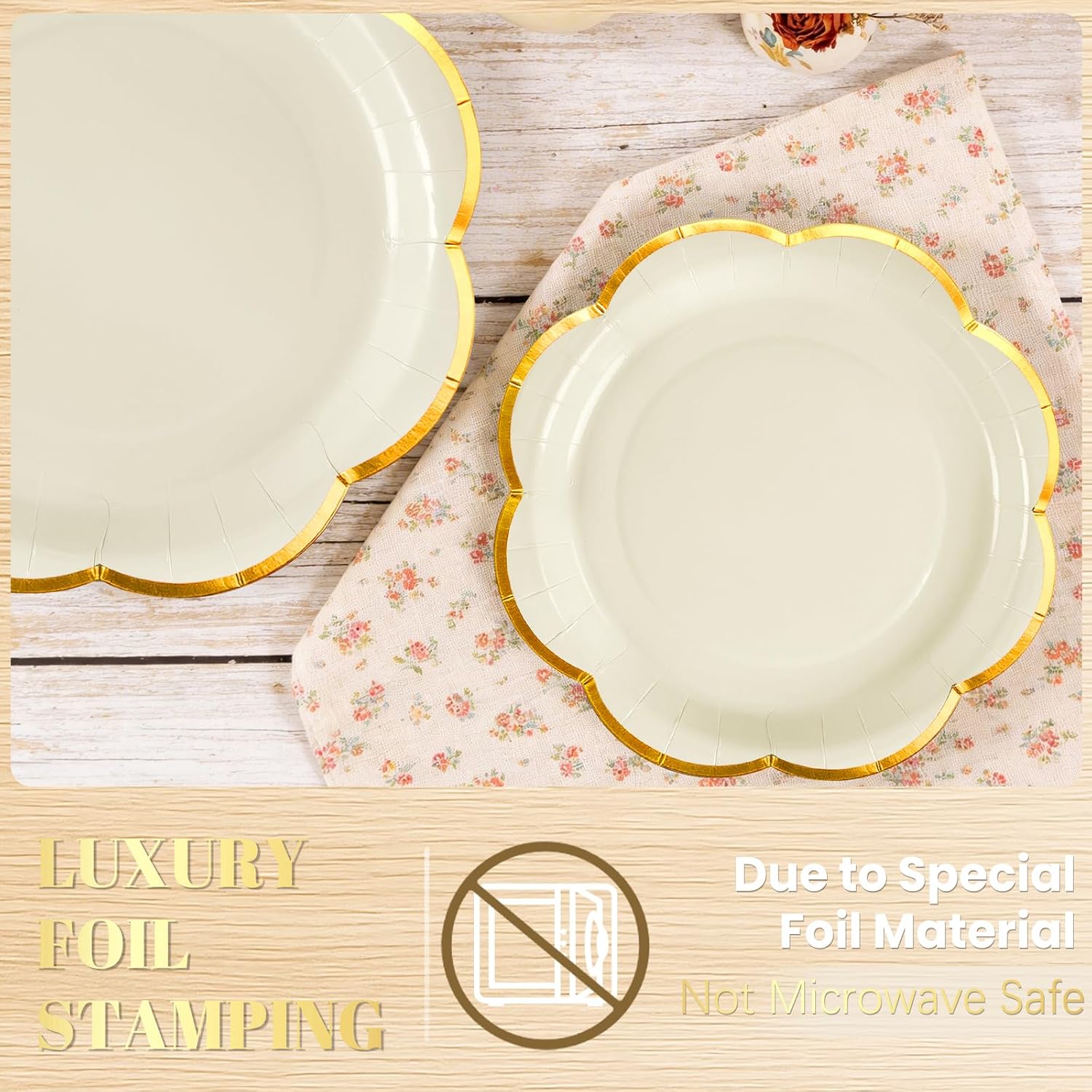 OuMuaMua 350Pcs White Paper Plates and Napkins Party Supplies, White Scalloped Plates and Napkins with Gold Rim, Disposable Plates for Party Birthday Baby Shower Weddings Bridal Shower, Serves 50