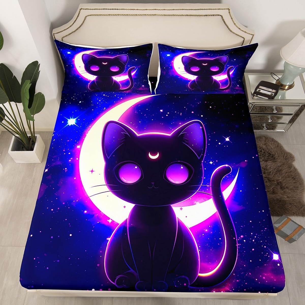 Black Cute Cat Bed Sheet Queen Set,Purple Starry Moon Sky Galaxy Glitter Sheets Sets Bedroom Decor,Exotic Moon Tribal Animal Kawaii Mystic Bedding Set with Flat,Fitted Sheet,2 Pillow Cases