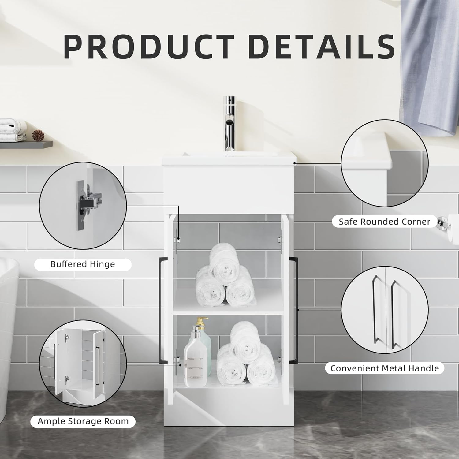 16” Small Bathroom Vanity Single Sink, Freestanding Modern Bathroom Cabinet with White Drop in Sink, 2 Doors Wood Storage Cabinet, White