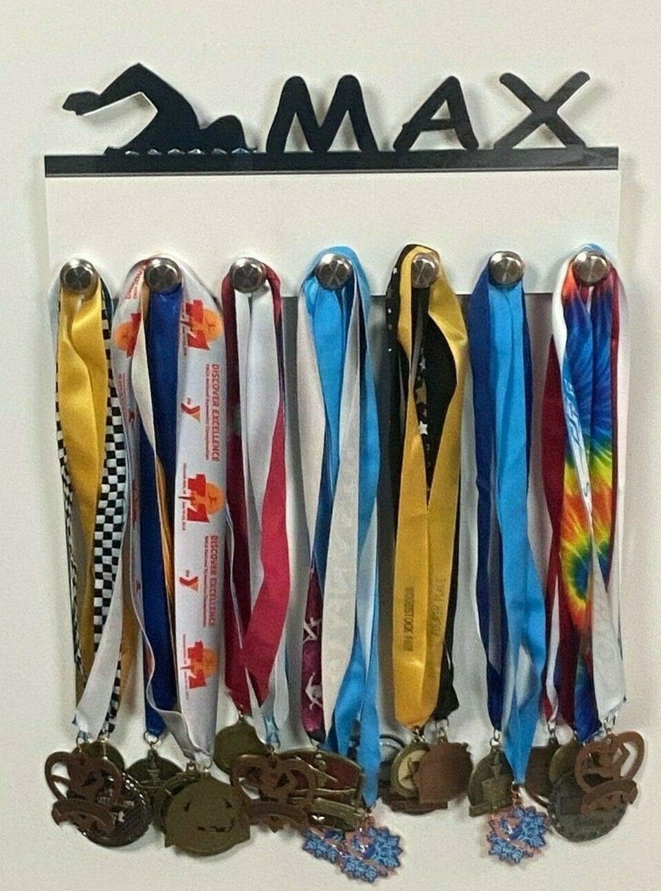 Custom Personalized Name Medal Holder, Swimming Swimmer Swim Racing Display Hanger Rack with Hooks for 60+ Medals, Ribbons, Sports 16'' Wide Awards, One Of A Kind Made To Order With Your Name On It
