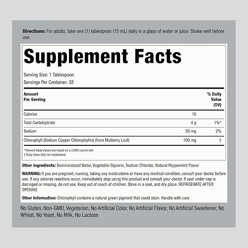 Miniatura 2 de Piping Rock Gotas líquidas de clorofila de 100 mg  16 oz  Sabor natural de menta  Fórmula vegetariana, sin OMG y sin gluten