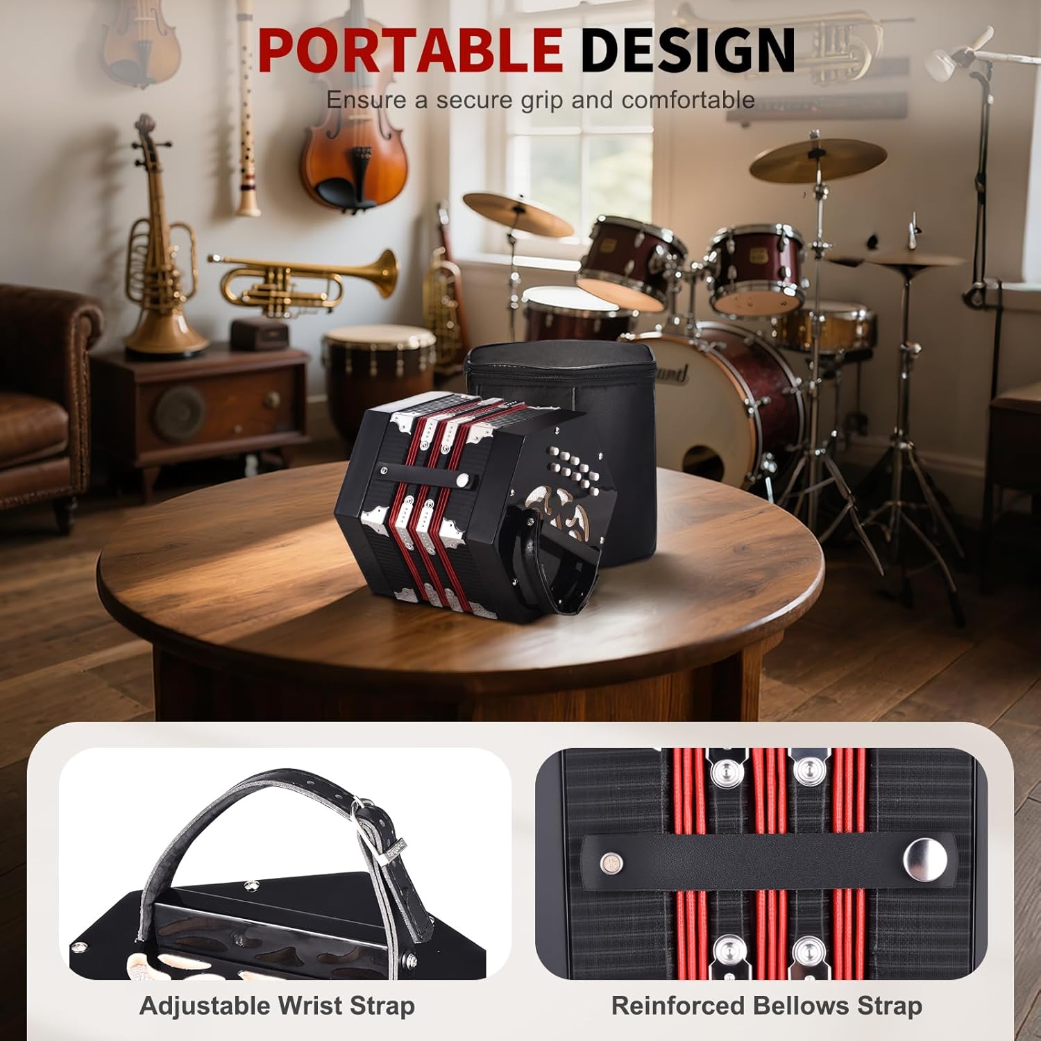 RIVVTA Concertinas, 20 Key Professional Accordion, Musical Instruments Accessories With Carrying Bag, Black