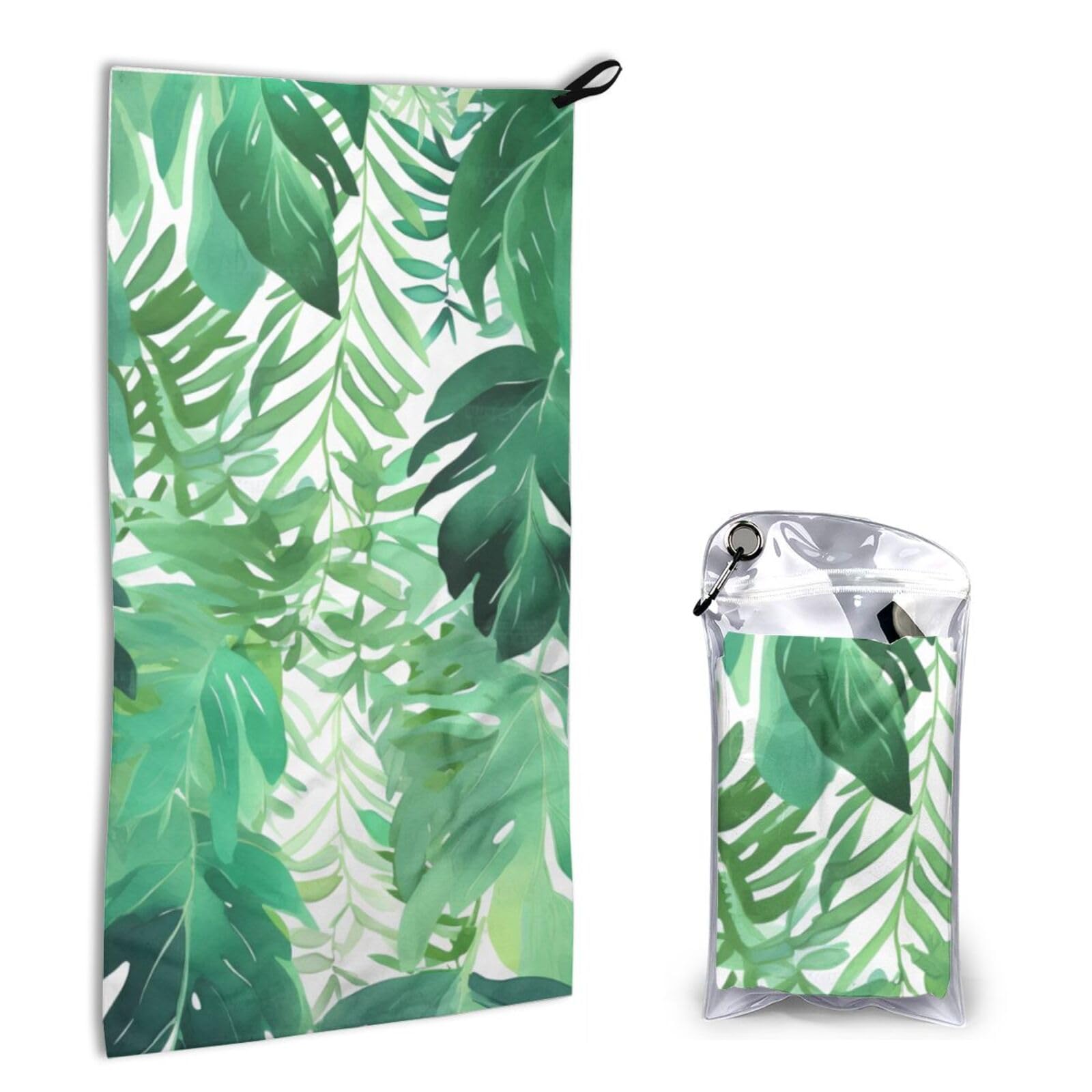 BWWHCCTI Quick Dry Hand Towel With Bag - Tropical Green Leaves Printed Super Absorbent Face Cloth Microfiber Travel Sports Towels 40x80cm
