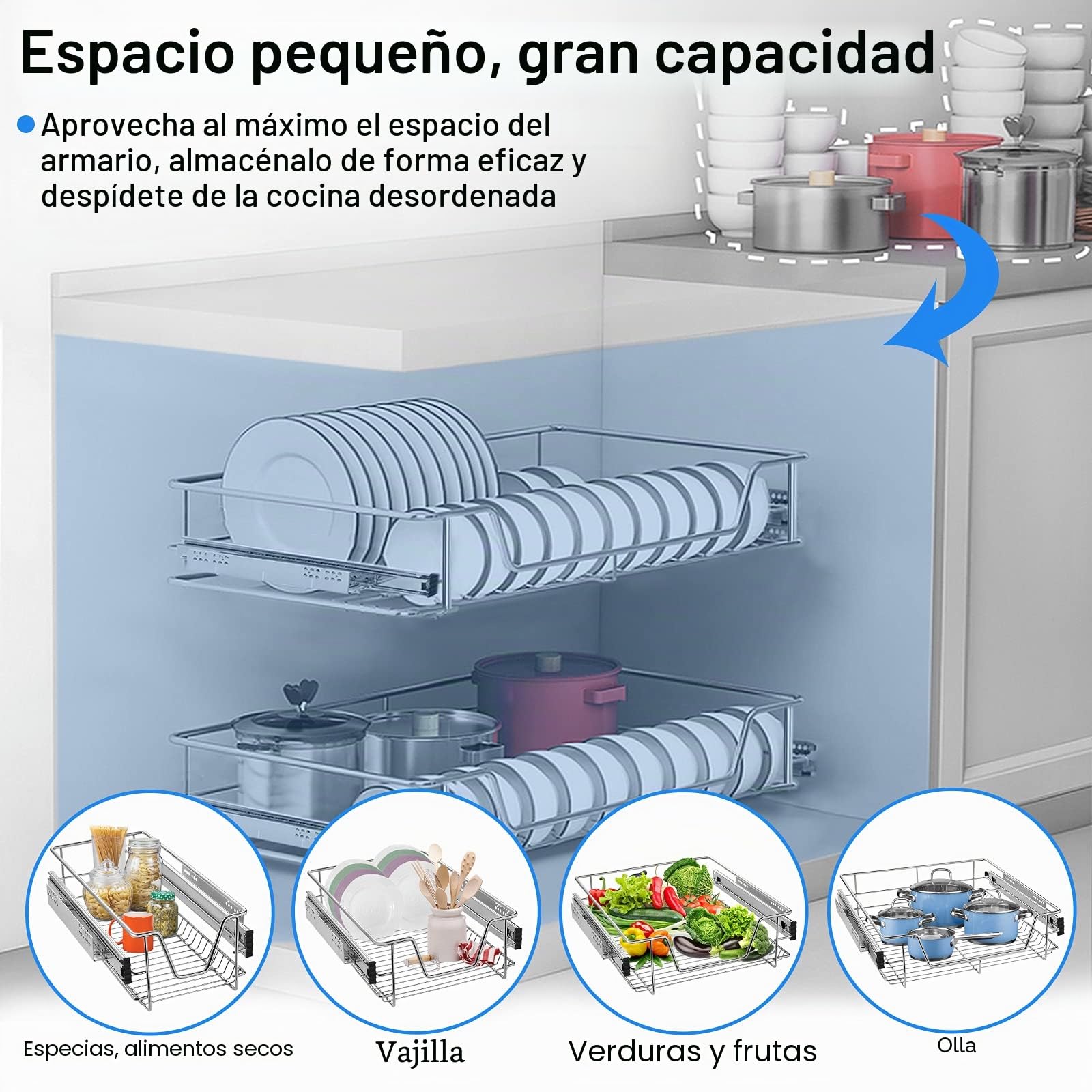 Aufun 4 cajones de cocina de 50 cm, cajón telescópico, extracción total, armario de cocina, armario extraíble, cesta extraíble extraíble, estantería de cocina para el hogar.
