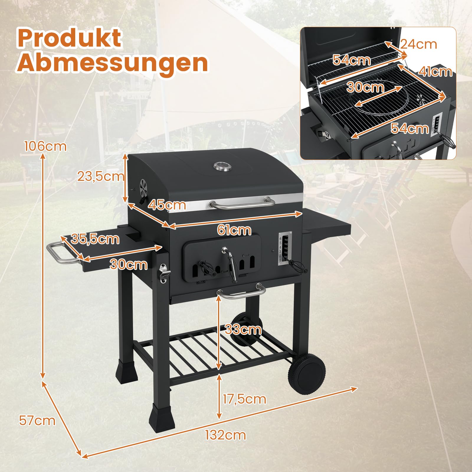 GOPLUS Grill na węgiel drzewny, grill węglowy z kółkami, uchwyty, ruszt do grillowania, blacha do pieczenia i 6-stopniowa regulacja misy na węgiel, wózek z metalu, grill stojący z pokrywką, grill