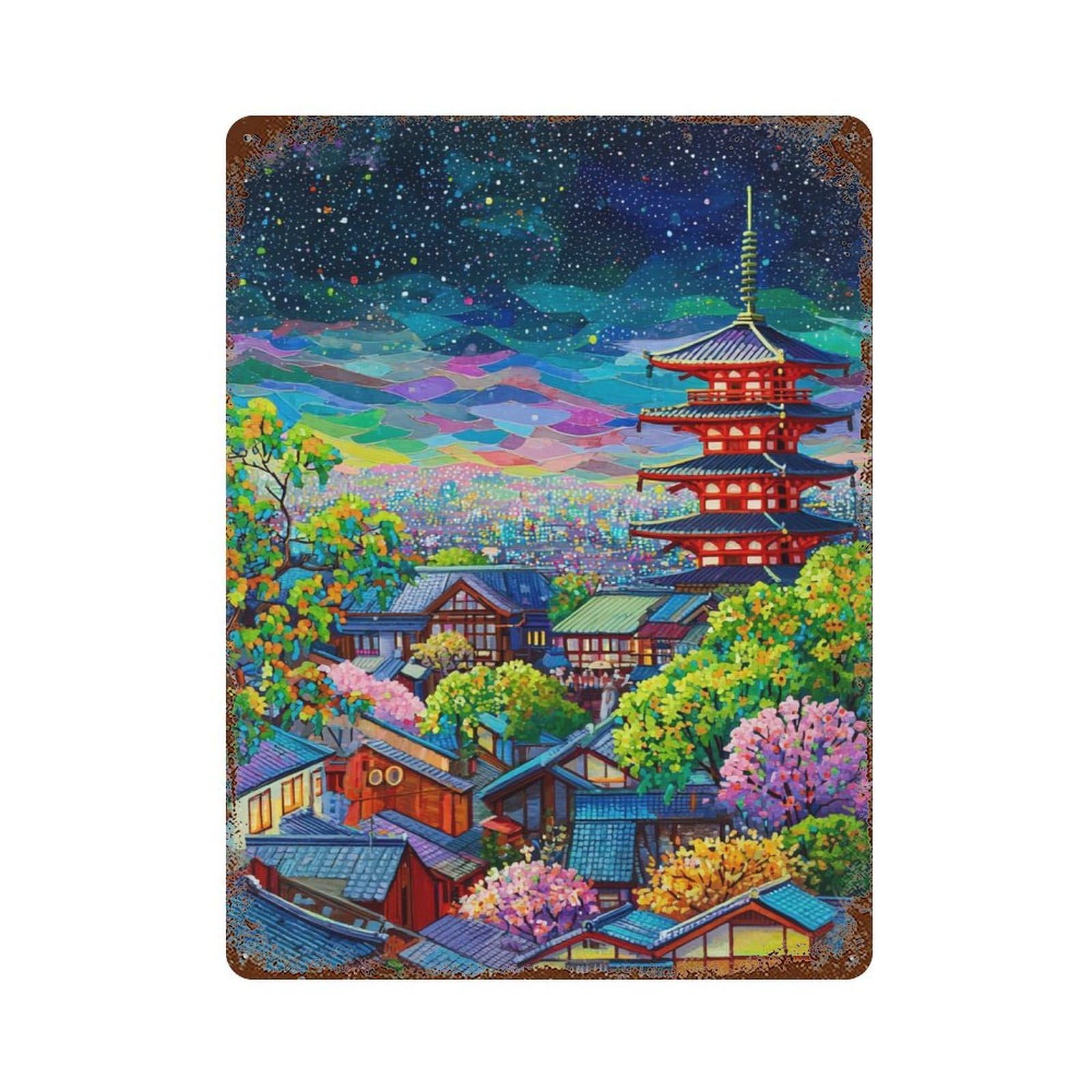 Colorful Japanese Village Night Sky 15.7"x11.8" Weathered Tin Sign, Shabby Chic Decor for Farmhouse, Kitchen And Entryway Decor