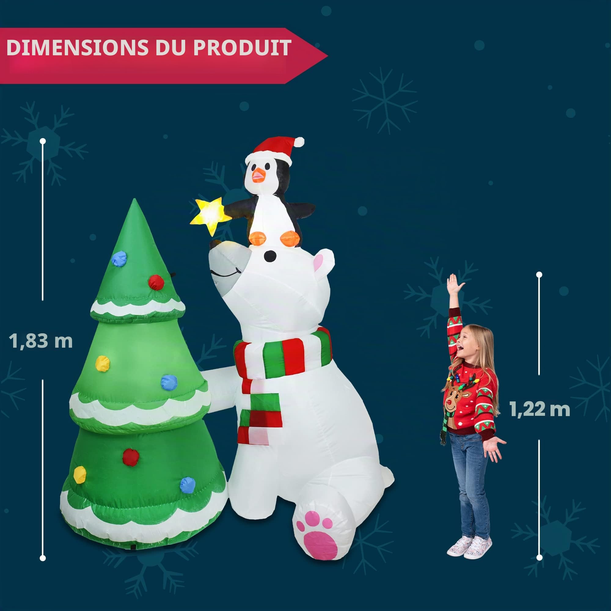 Joiedomi Ours Polaire Gonflable de 1,8 m avec Pingouin et Sapin de Noël avec LED intégrées pour fête de Noël en Plein air, Cour, Jardin, décoration d'hiver