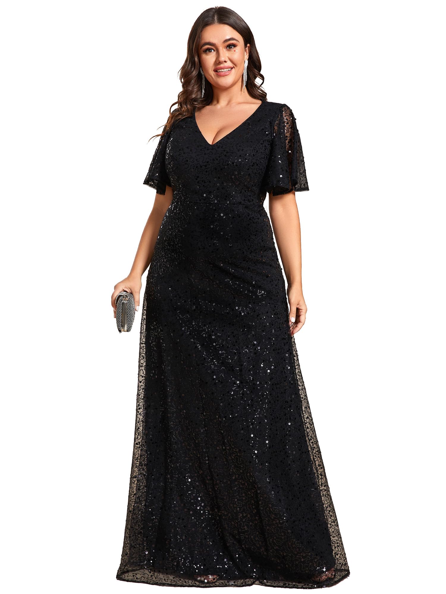 Ever-Pretty Plus Women's V Neck Sequin Plus Size Ruffle Sleeves Long Formal Dresses 02120-DAPH