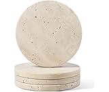 Koville Travertine Coasters, Marble Coaster Set of 4 for Drinks, 4" Round Stone Coasters Set Heat Resistant, Decorative Modern Cup Coaster for Coffee Table Home Bar Decor, Unique Gift Choice(Beige)