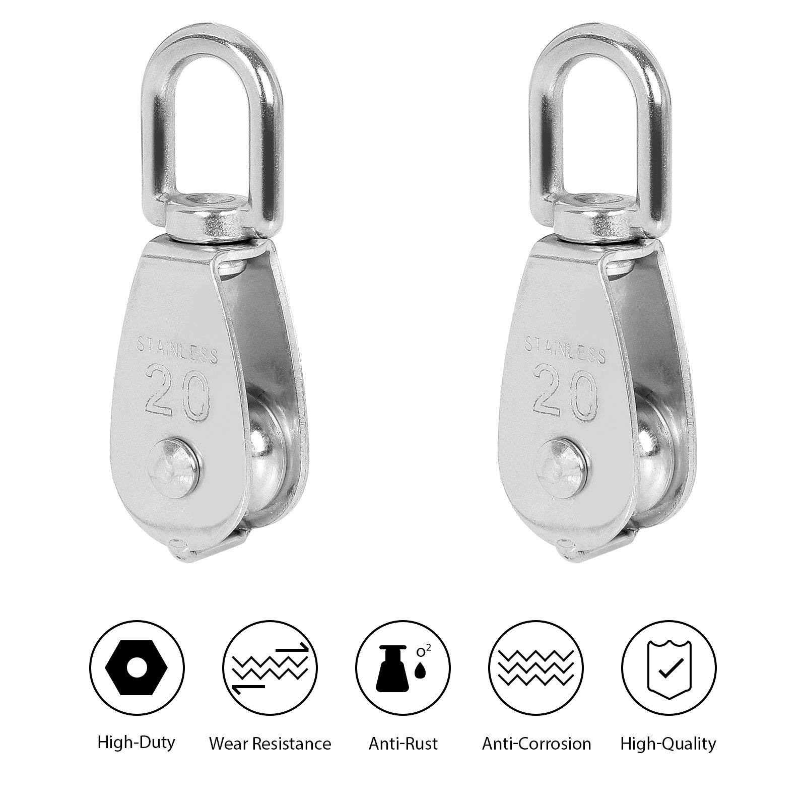 Lot de 16 blocs de poulie simples M20 en acier inoxydable pour grue de levage avec crochet pivotant pour corde de remorquage – Charge 75 kg