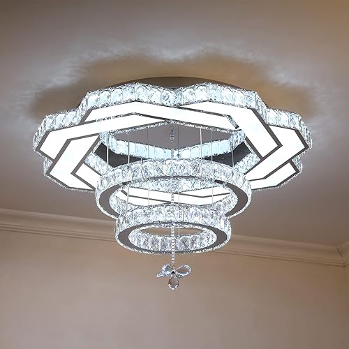 Miniatura 2 de TFCFL Lámpara de araña de cristal de 23.6 pulgadas, moderna lámpara de techo LED rómbica regulable con control remoto y 3 colores, diseño de anillos