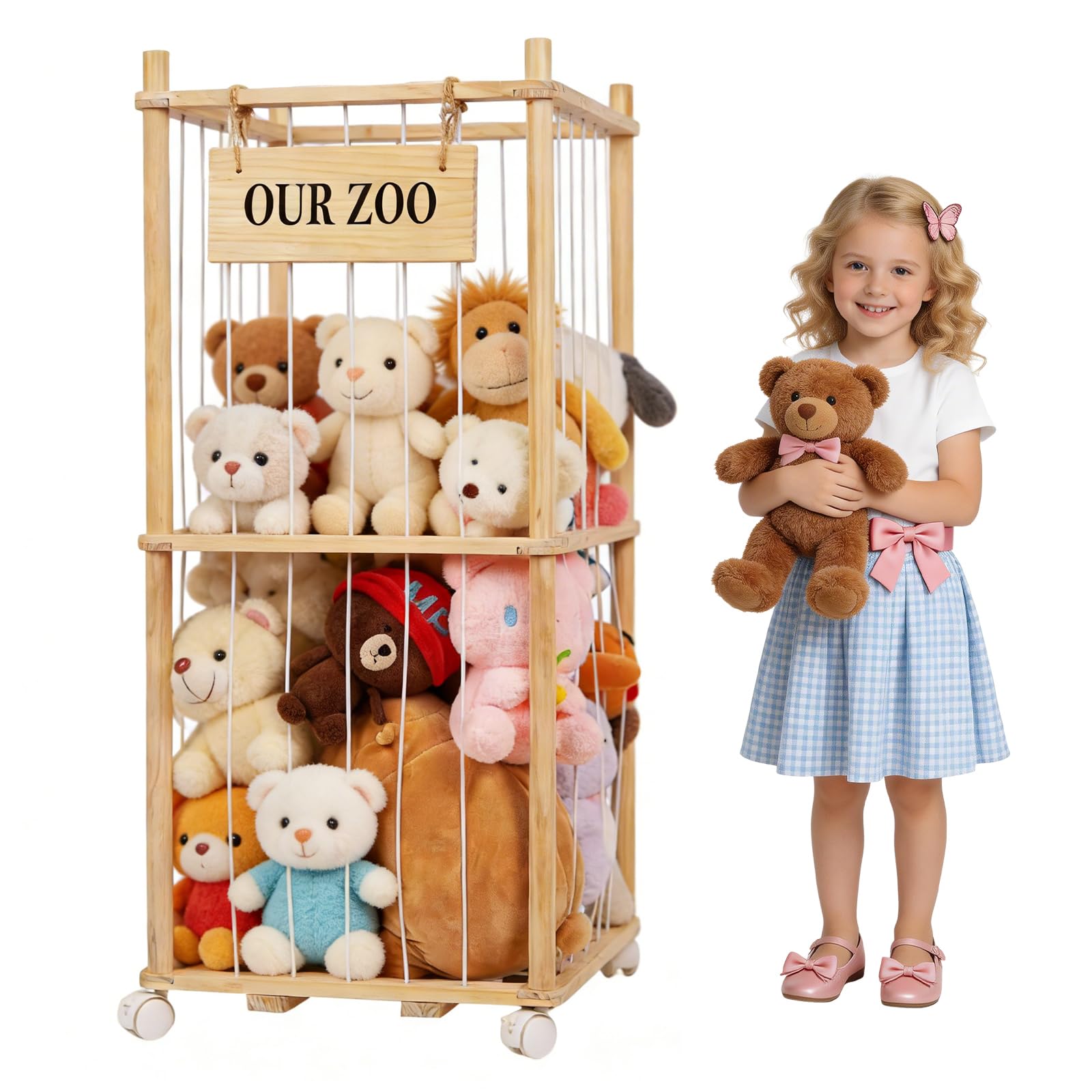 Stuffed Animal Storage Zoo with Wheels Wooden Soft Toy Holder Teddy Storage