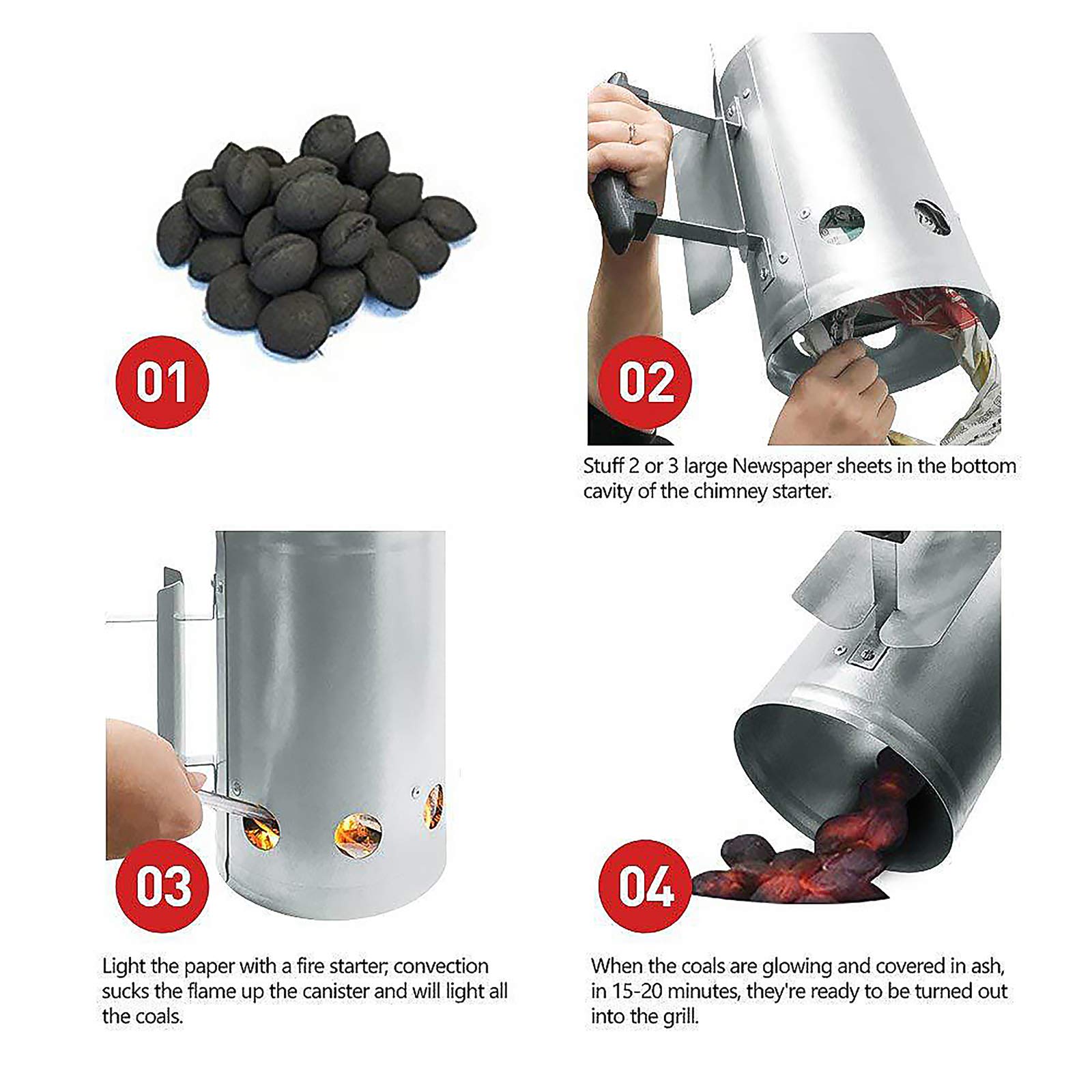 Arrancador de barbacoa, barril de encendido de carbón, arrancador de chimenea de arranque rápido con mango de nailon de seguridad, encendedor de carbón para barbacoa para camping, parrilla