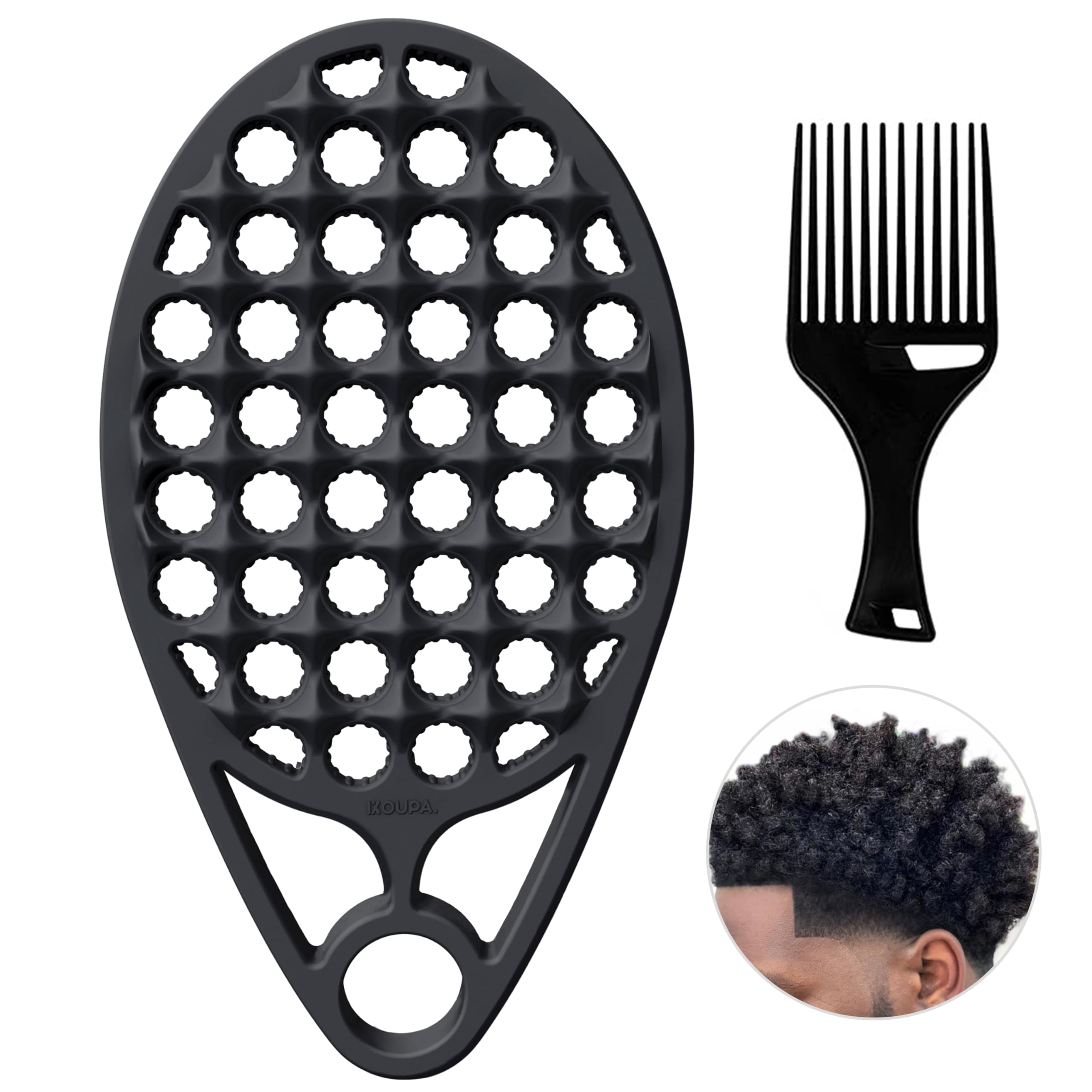 KOUPA Silicone Curly Hair Brush with Pick Comb, One Piece Twist Curl Comb for Afro Curls, Washable Hair Tool for Men Women, Black