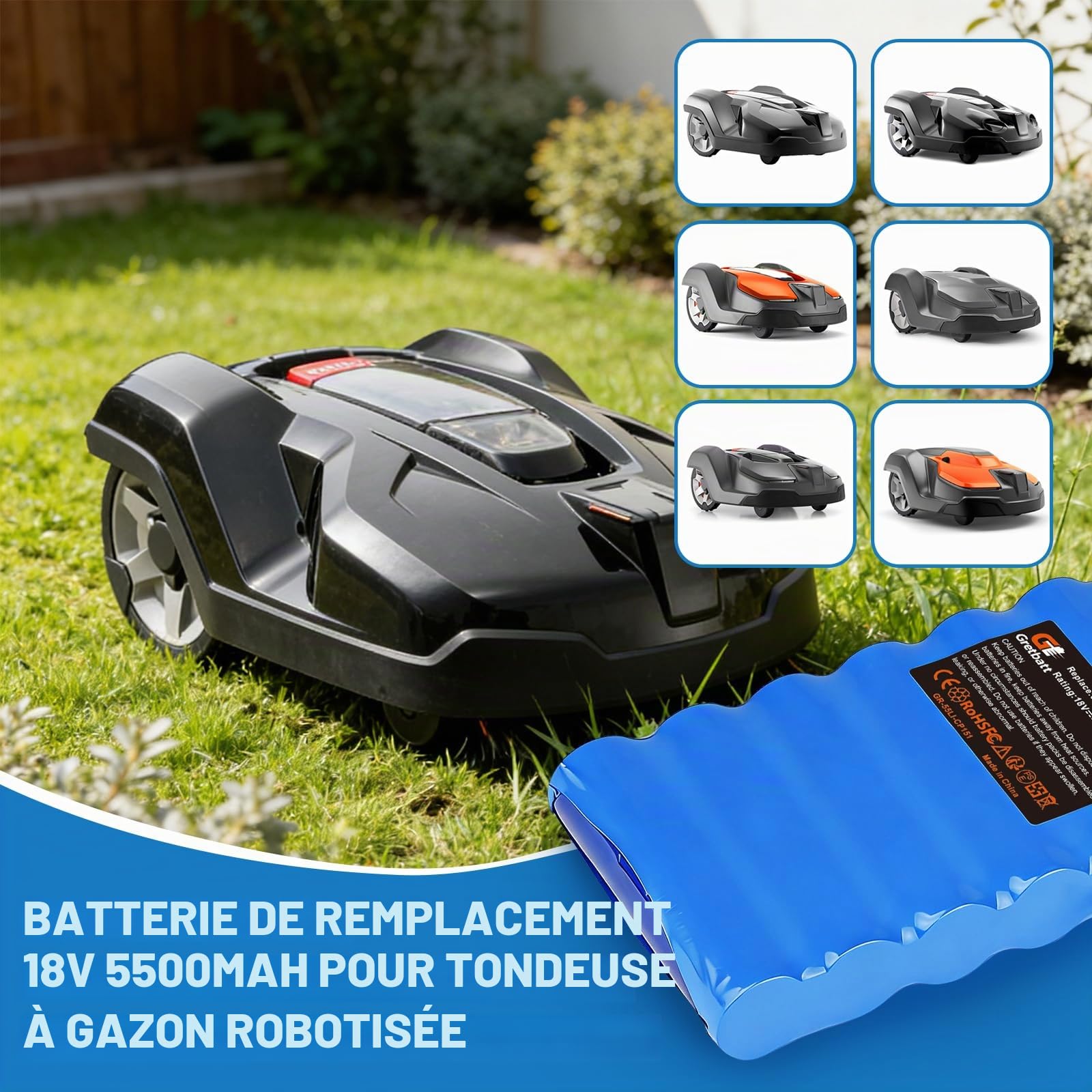 18V 5500mAh Batterie pour Robot Tondeuse, Remplacement pour Batterie 580 68 33-01,580 68 33-02.Batterie de Rechange pour Husqvarna Automower 320, 330X, 420, 430, 440, 450X, 520, 550