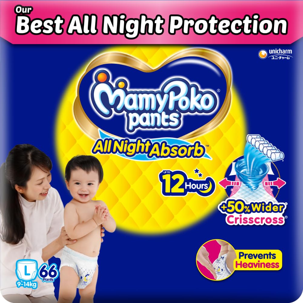 Mamypoko Pants All Night Absorb| Pant Style Baby Diapers Large Size(L), 66 Count, Ideal for 9-14Kgs|+50% Wider and Repeated Absorption for All Night 12hr Protection from Leakage, Prevents Heaviness.