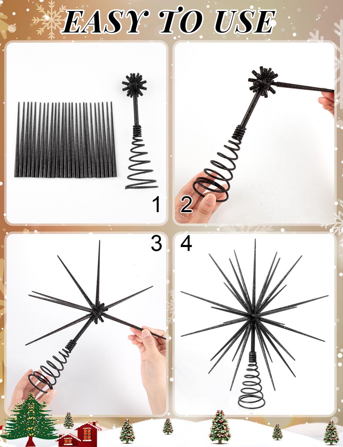 Cimier de sapin de Noël noir de 35 cm – Étoile explosive en 3D pour sapin de Noël