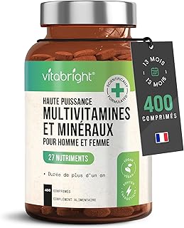 Multivitamines et Minéraux 400 Comprimés Multivitamines Femme/Homme, Complement Alimentaire Vitamine Fatigue Intense, Immunité Adulte, Cure Vitamine Adulte Vitamines Minéraux et Compléments VitaBright
