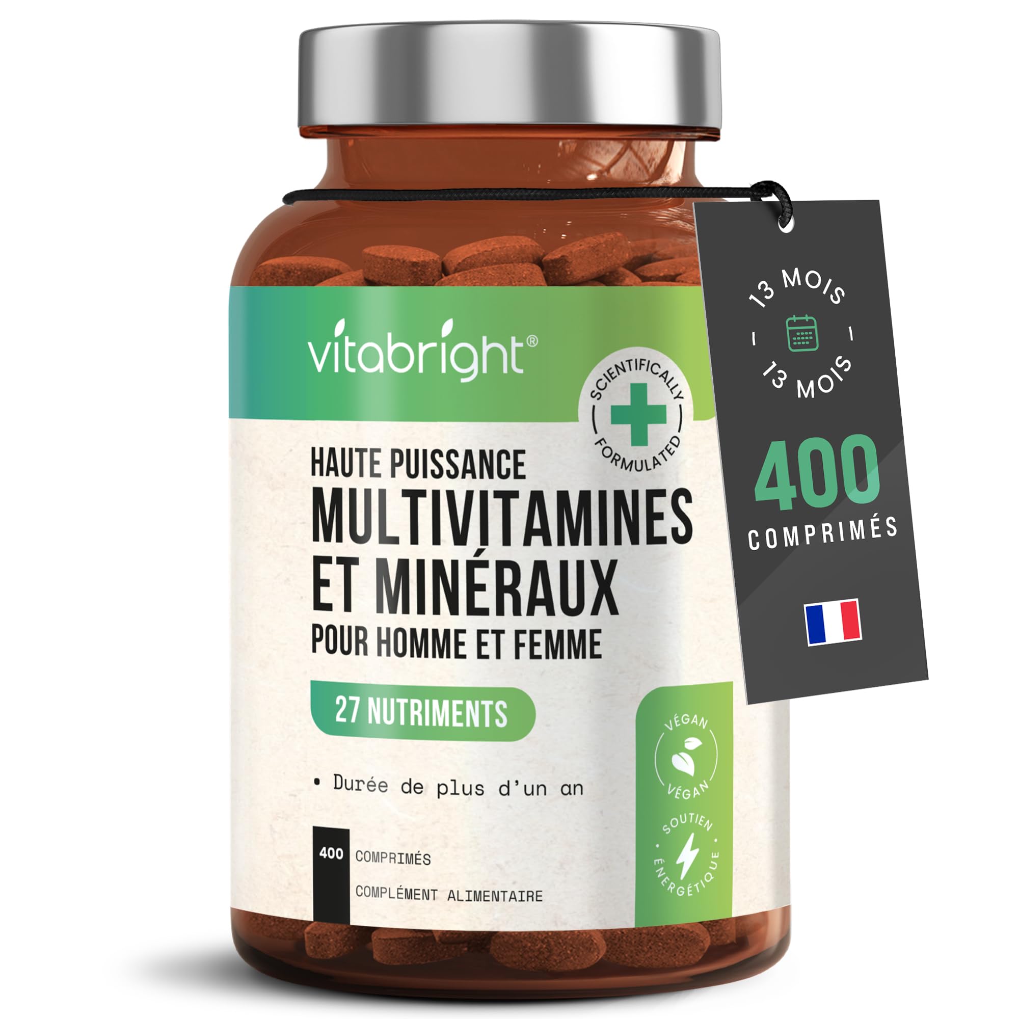 Multivitamines et Minéraux VitaBright Femme/Homme - Combat Fatigue Intense, Boost ImmunitéAdulte, 400 Comprimés