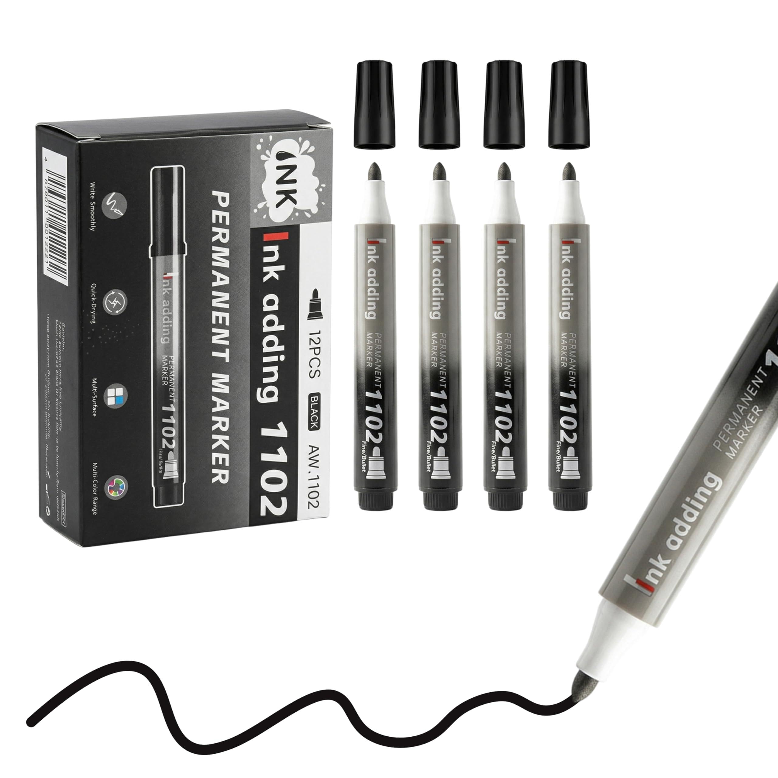 Aspect Marker Pens, 12 Pack Black Permanent Markers, Fine Bullet Tip, Quick Drying Ink, Waterproof & Smudge Proof, Multi-Surface Permanent Markers for Office, School, Home, DIY & Labelling (Black)