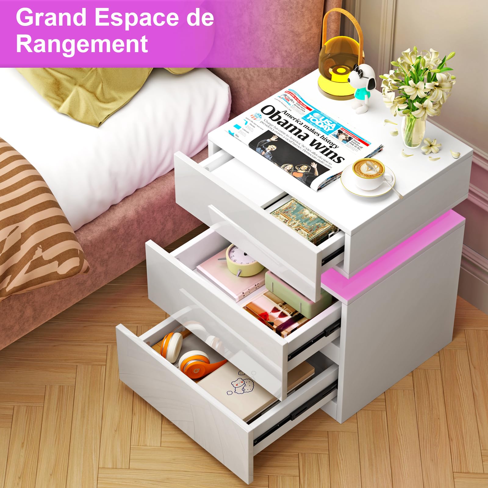 Table de Chevet LED, Table d'Appoint, Table de Nuit LED, Chevet de Lit avec 3 Tiroirs, 16 Couleurs LED RVB, Meuble de Rangement Compacte pour Salon, Chambre, Bureau, Moderne, Blanc