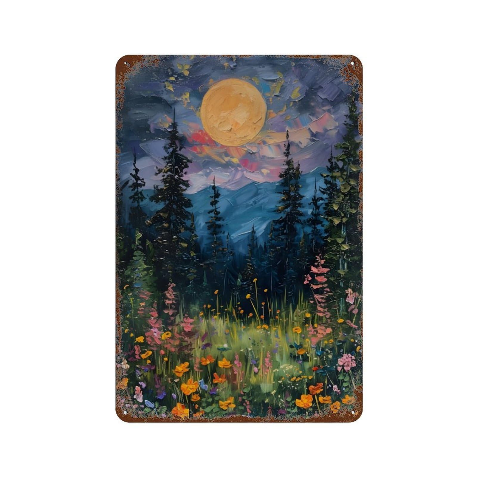 xiaoxiaoshen Moon Above The Wildflowers And Woodland Wall Decor Art Metal Tin Poster Modern Home Decor Art Home Bar Shop Decorations Vintage Sign 30x20cm