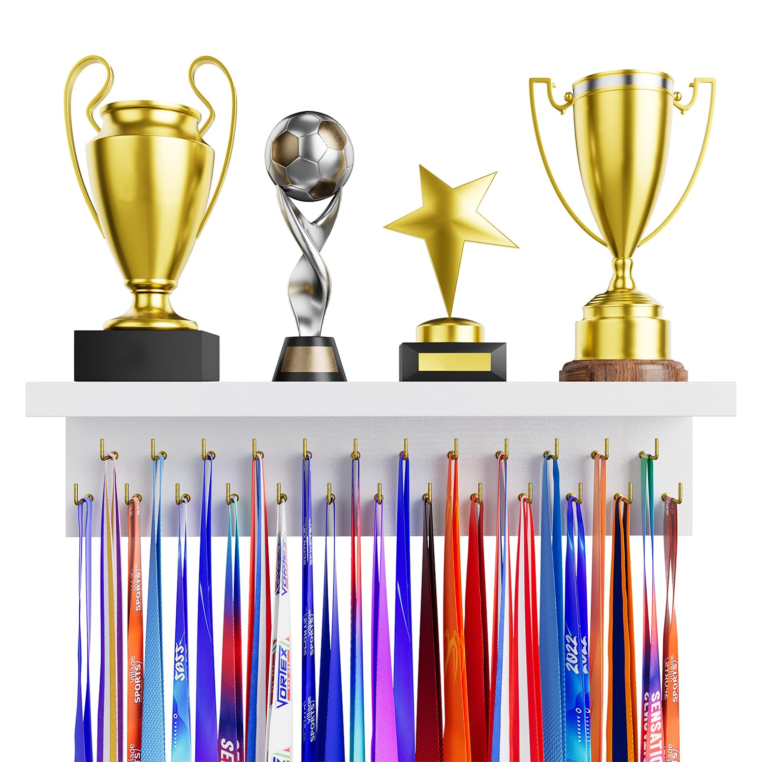 DSVENROLY Medal Holder Display Trophy Shelf Organiser, Sturdy Medal Holder Display Stand Made of Wood with 25 Steel Hooks, Medal Holder for Wall Mounting