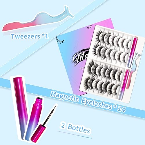 Miniatura 7 de Kit de pestañas magnéticas pestañas magnéticas de larga duración y reutilizables aspecto natural 14 pares de pestañas postizas con delineador