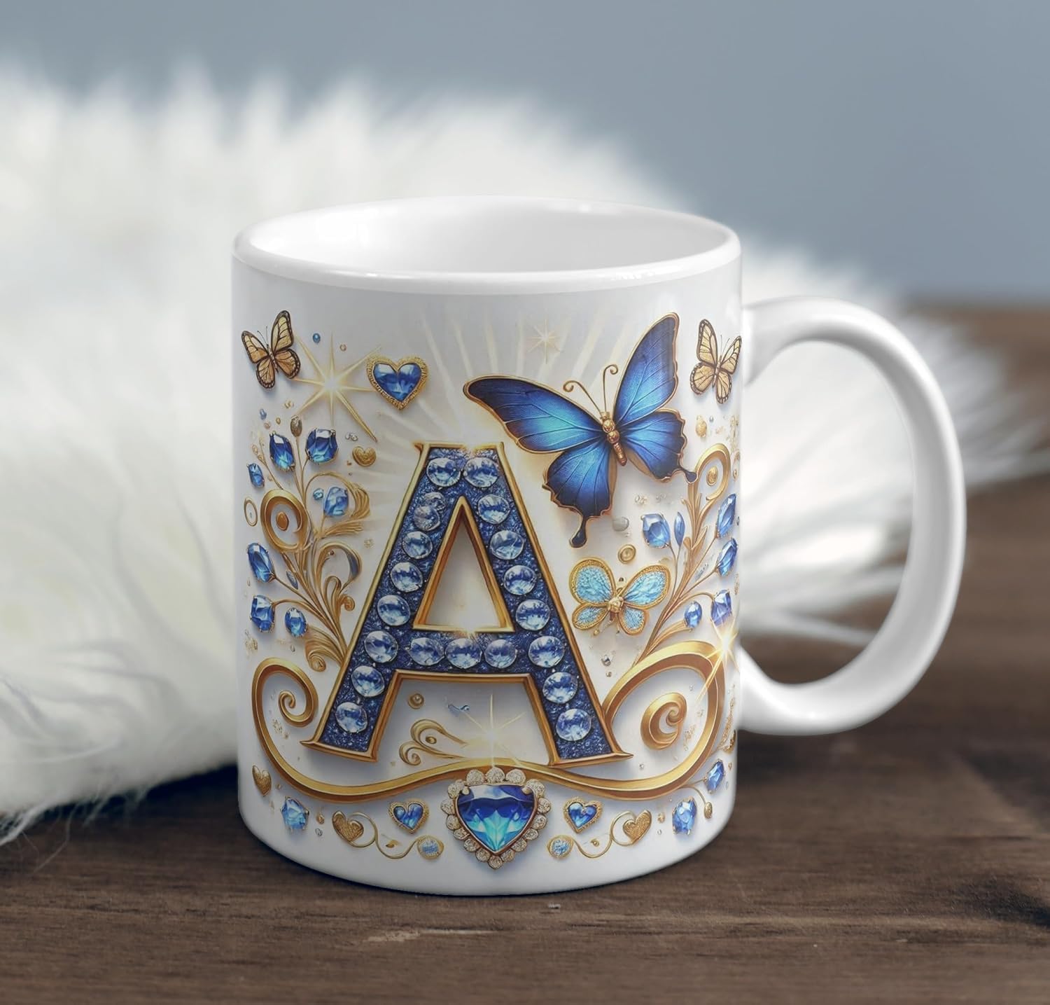 Decorative Monogram Letter A Coffee Mug, White Ceramic, Blue Butterfly Design, Diamond Pattern (A)