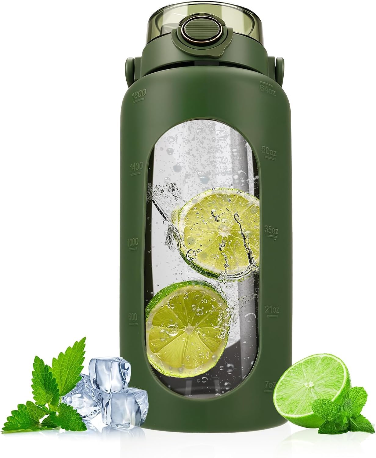 Szklana butelka na wodę o pojemności 1800 ml ze słomką i uchwytem, ​​bez BPA, szczelna, sportowa szklana butelka na wodę do fitnessu, wędrówek, kempingu, szkoły i biura