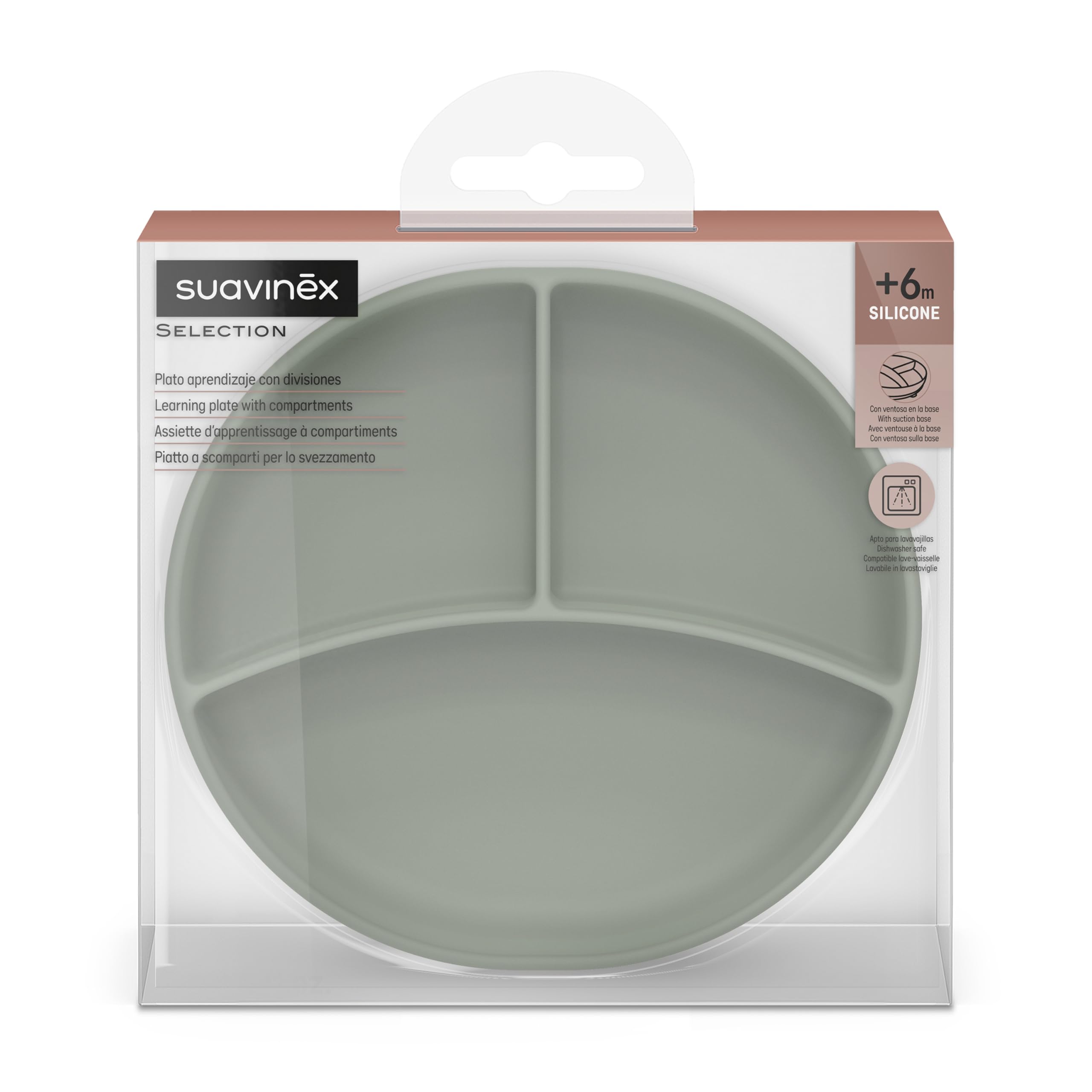 Suavinex, Plato de Bebé con Ventosa, Plato de Silicona con Divisiones, Plato Antivuelco, para Utilizar en la Alimentación Complementaria y BLW, Apto para Lavavajillas y Microondas, +6 Meses, Verde