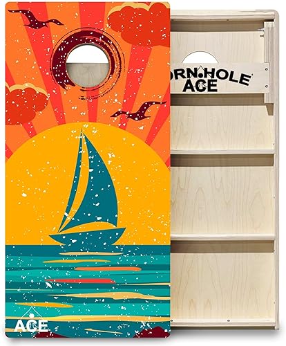 CornholeAce ACE PRO Tablas de Cornhole profesionales con temática de playa, sin rebote. Patas triples anchas, madera contrachapada de abedul báltico