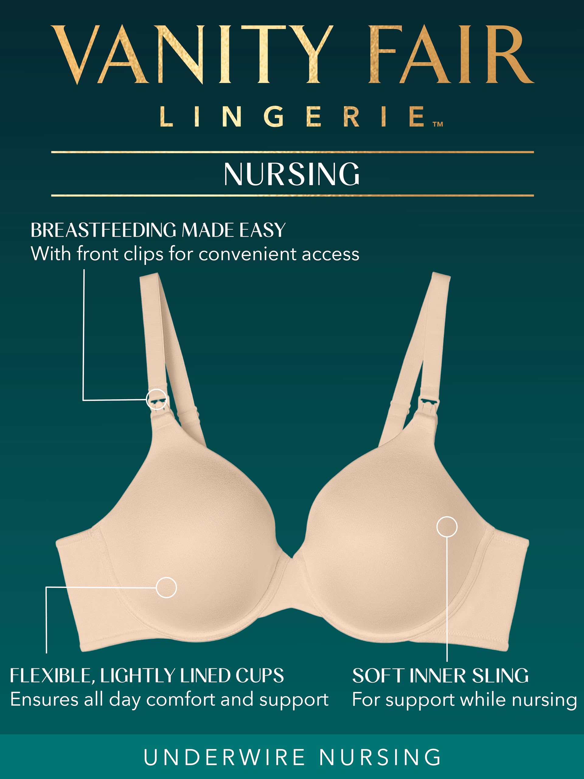 Vanity Fair Womens Maternity Nursing for Breastfeeding Wireless Or Underwire Bra, Underwire - Neutral, 38DD US