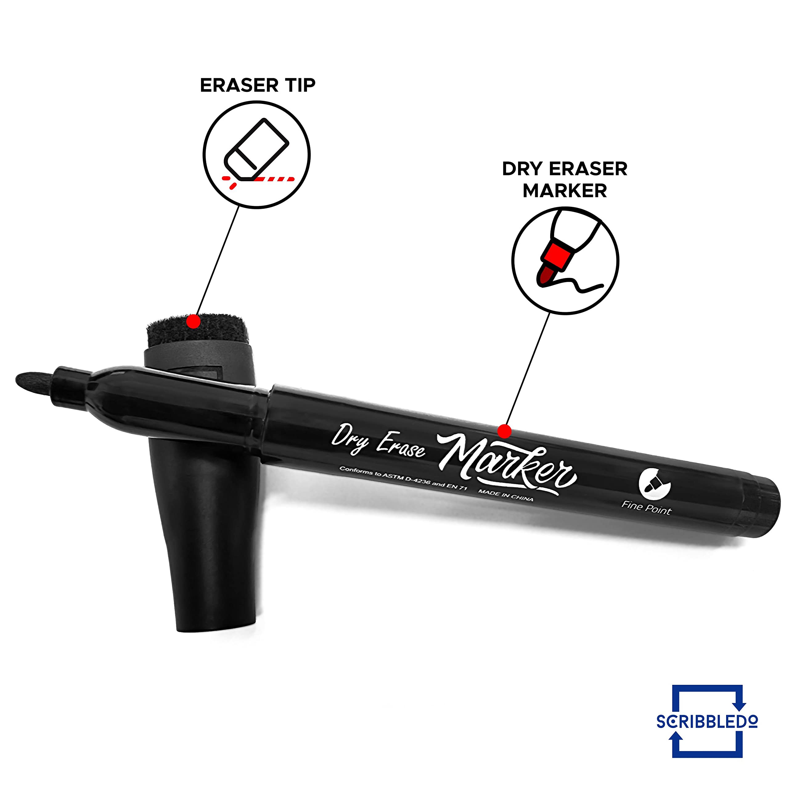 Scribbledo Whiteboard-Marker mit feiner Spitze, mit Radiergummi, dünn, geruchsarm, für Kinder, Erwachsene, Studenten, Lehrer, Zuhause, Schule und Büro, 36 Stück
