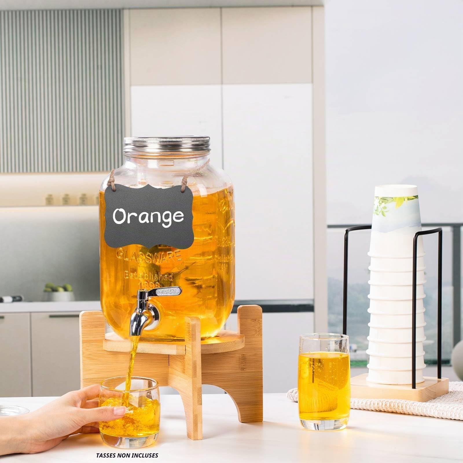 Distributeur de boissons en verre avec support, distributeur de boissons de 3,8 l pour fêtes avec porte-gobelet, comprend un infuseur à glace et à fruits, un robinet en acier inoxydable 18/8