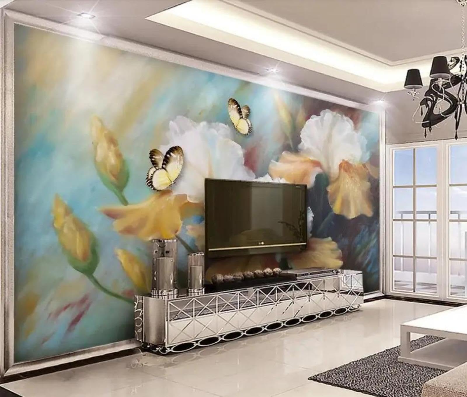 Papier peint panoramique 3D fleurs et papillons pour salon
