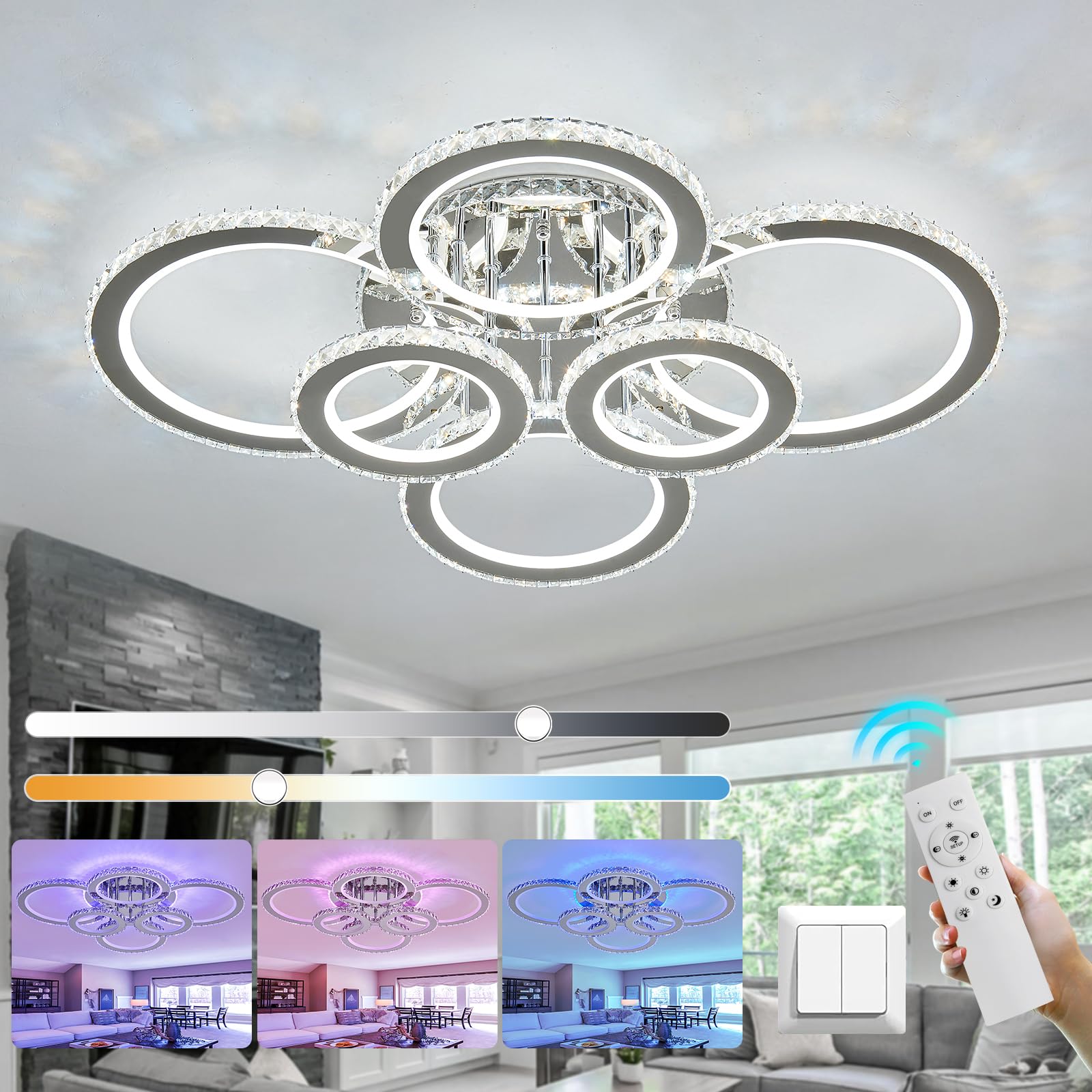 Photo 1 of SZXYKEJI3 RGB Crystal Ceiling Light Modern LED Ceiling Light Fixture with Remote Control Large Chrome Dimmable Flush Mount Chandelier for Livingroom Dining Room Kitchen Bedroom.