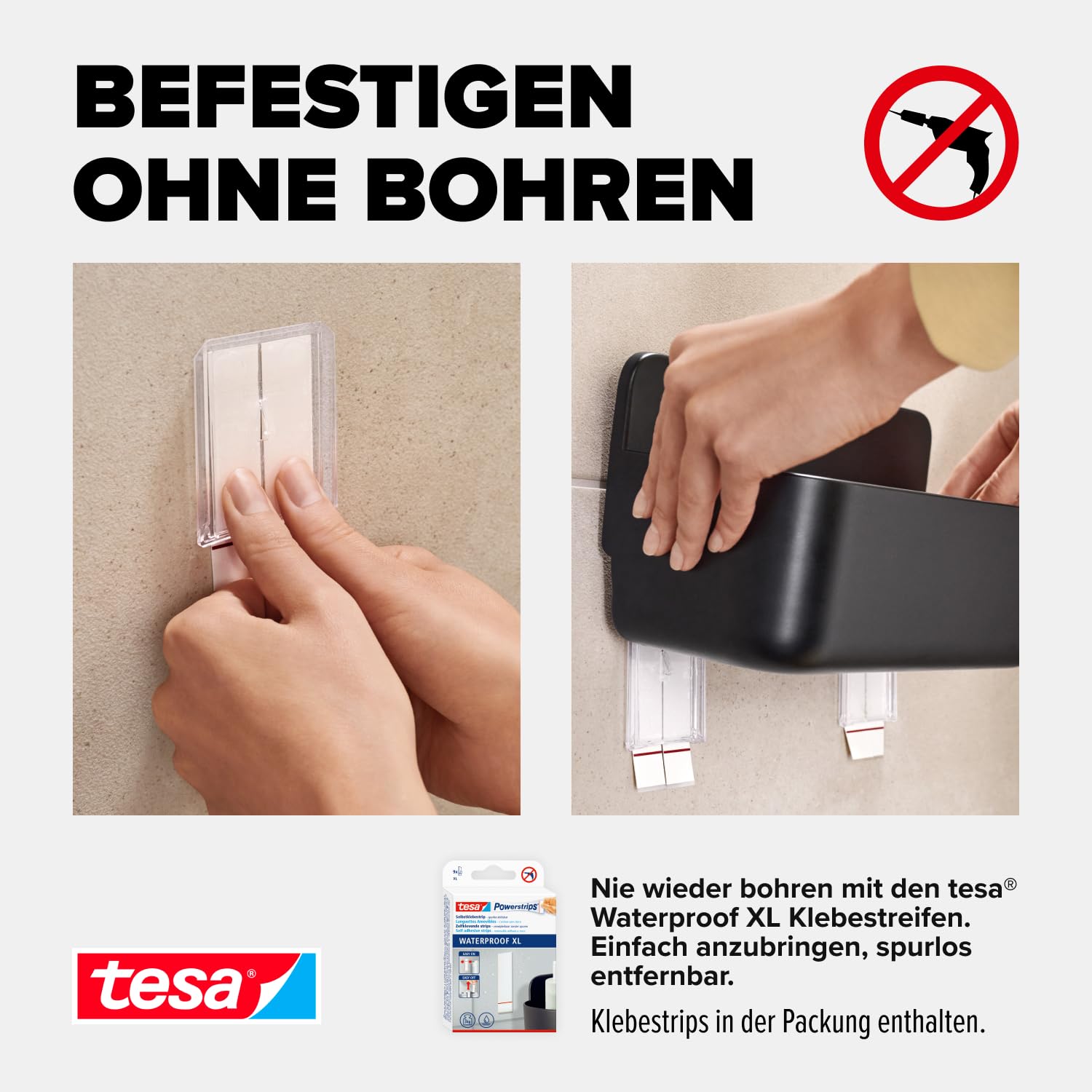 tesa Lavaa Duschkorb M, schwarz matt - Duschablage zur Wandmontage ohne Bohren, inkl Powerstrips Waterproof Strips XL - 260 mm x 130 mm x 110 mm