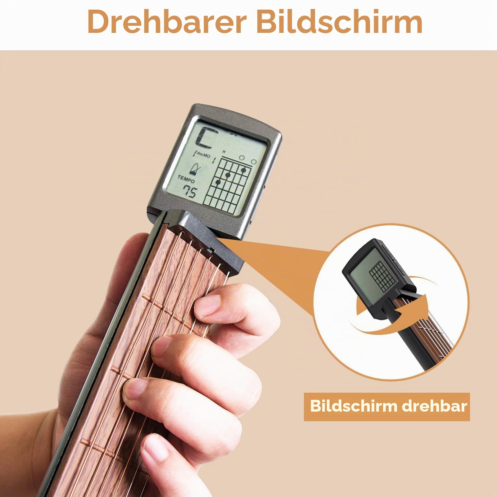 Taschengitarren Übungshals, 29x5x4cm/11,4x2x1,6 Zoll Mini 6-Bund Gitarren Übungswerkzeug Tragbares Akkordtrainer mit drehbarem Chart-Bildschirm Gitarren Akkord Trainer Hals Akkord Tool für Anfänger