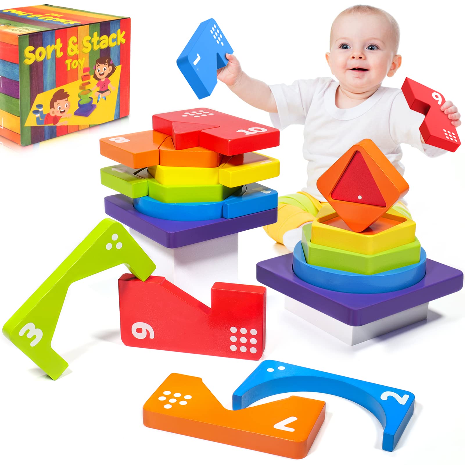 Wooden Sorting Stacking Toys for 12 M+Ages Year-Old Toddlers, Boys, and Girls, Montessori Toys for Preschool Kids, Baby Educational Learning Toys Puzzle Gift for Shape, Color, and Number Recognition