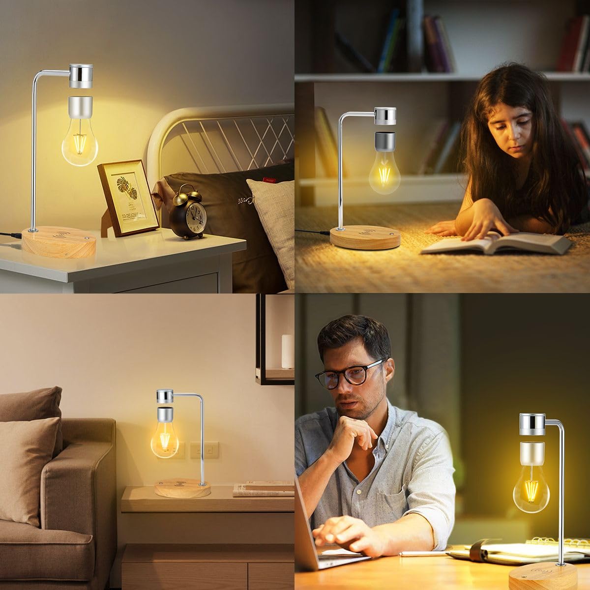 Lampadina levitante magnetica, lampada da scrivania a LED galleggiante con caricabatterie wireless, lampadina levitante rotante, luci notturne per decorazione di stanze e uffici (argento)