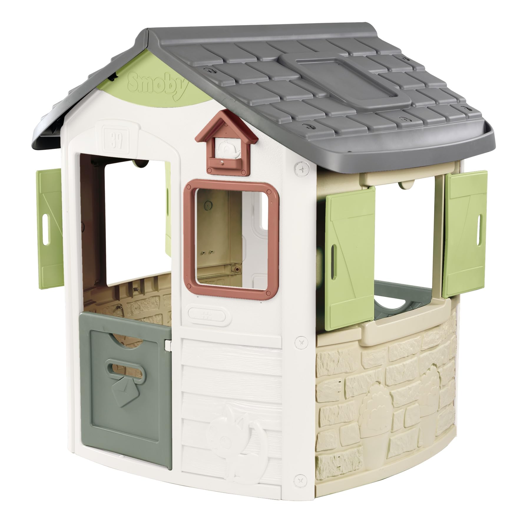 Smoby Life Casa Jura Lodge - Casa de Juegos Infantil con 2 Puertas Bajas, Ventanas con Contraventanas y Comedero para Pájaros - Material Reciclado - Resistente Rayos UV - Más de 2 años (7600810504)