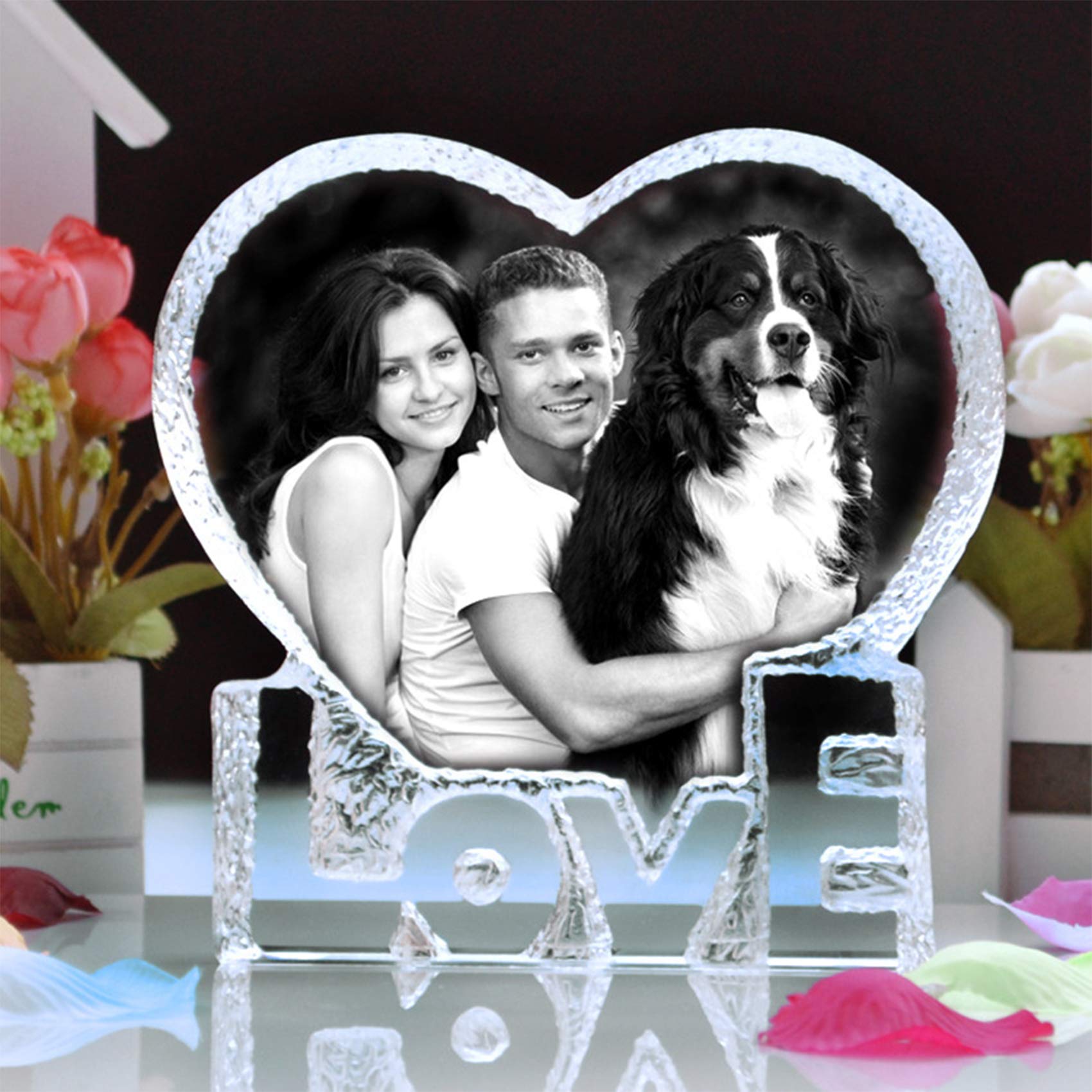 Amlion Personalized Custom 3D Love Crystal Photo Picture Laser Engraved, Customized Heart Crystal with LED Base Included