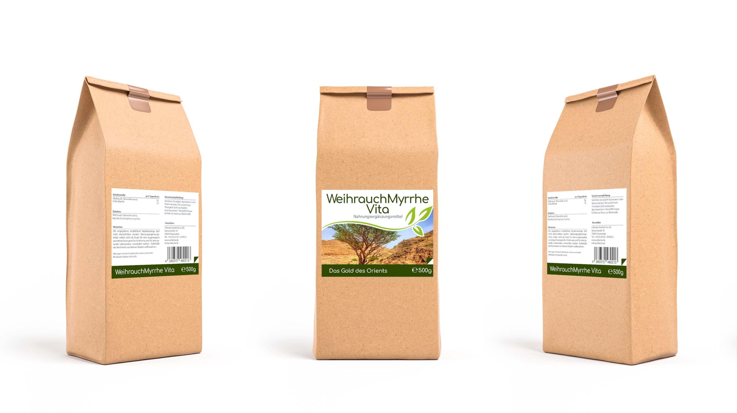 Cellavita – Weihrauch (Boswellia Sacra) & Myrrhe (Commiphora Myrrha) Vita traditionelles Nahrungsergänzungsmittel – Vorratsspackung 500g im Beutel – Hochwertiges pflanzliches Naturprodukt ohne Zusätze