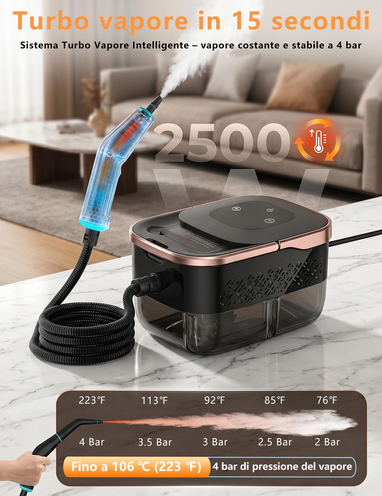 Pulitore a Vapore 2500W per Divani (Nero)