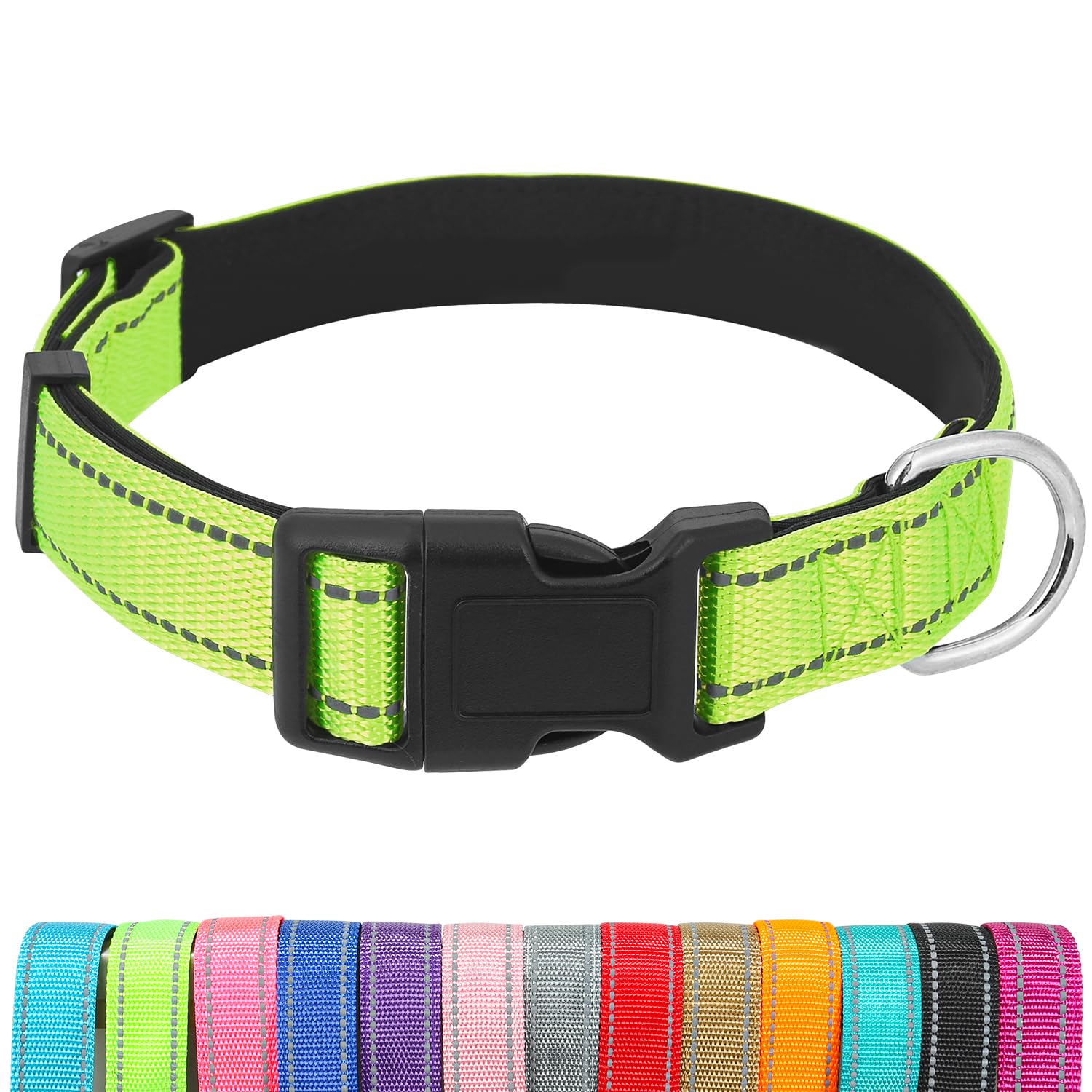 Dog Collars Adjustable for Medium Dogs,Heavy Duty Waterproof Dog Collar with Quick Release Buckle,Girl Boy Female Male Reflective Nylon Dog Collar with Soft Neoprene Padded,M,Green