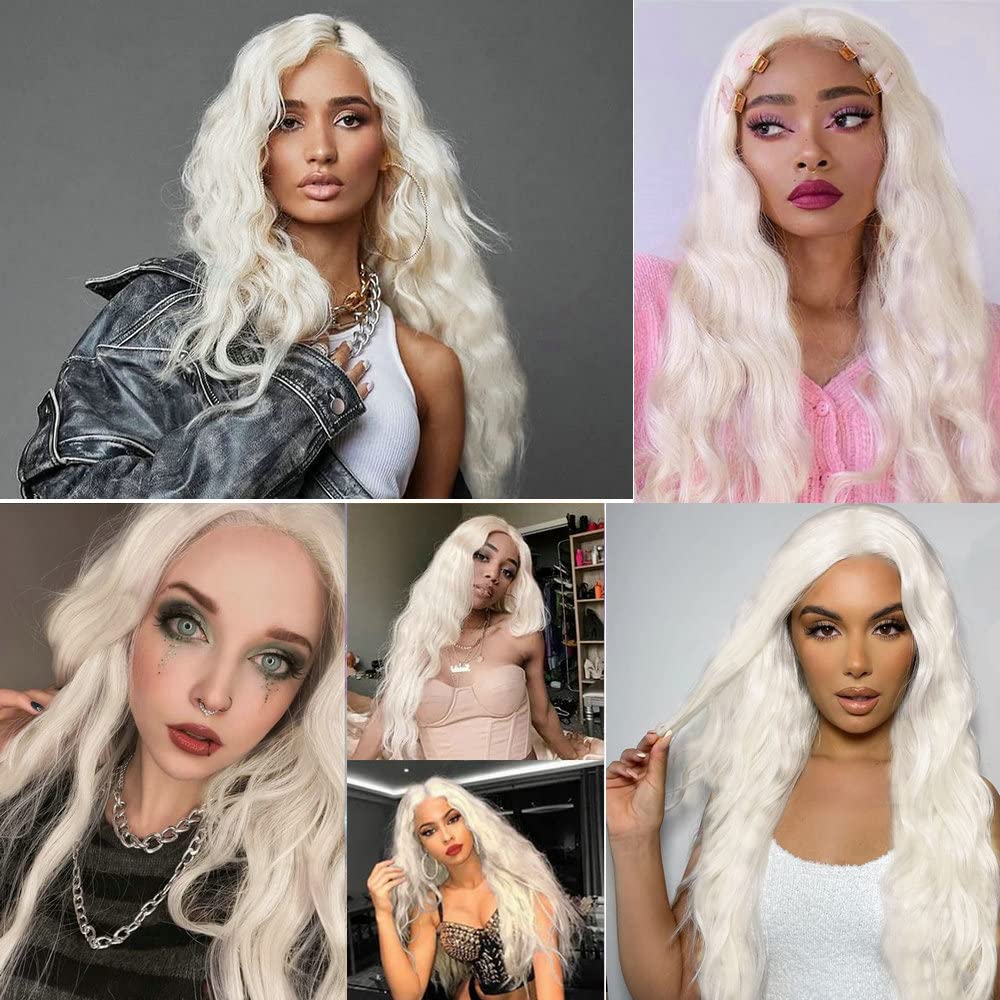 Perruque synthétique ondulée pour femme - Cheveux longs - Blond blanc - Perruque avec dentelle sur le devant - Pour festival, cosplay, fête - Couleur naturelle