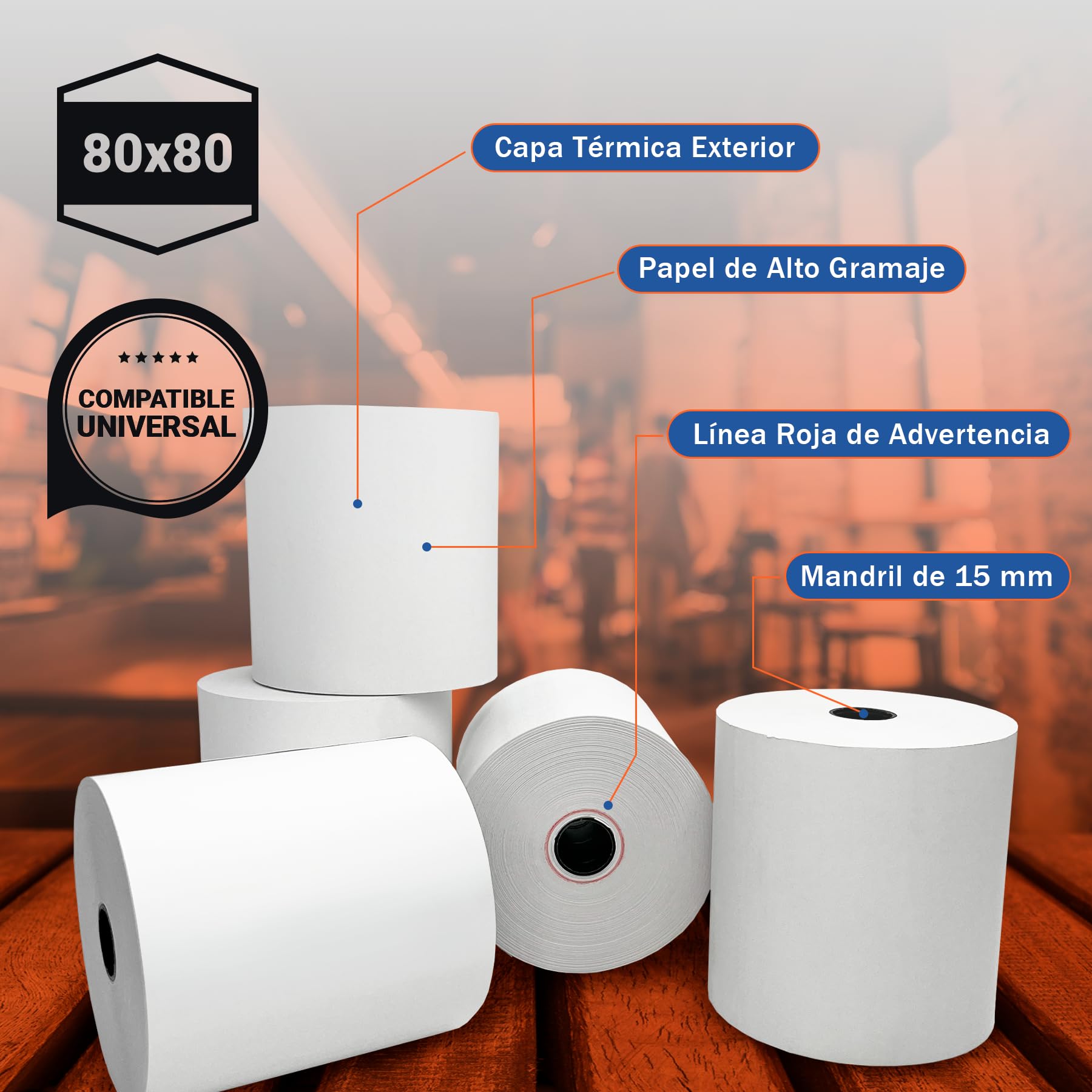 25 Rollos de Papel Térmico Premium 80x80 mm XXL Cia&Co, Alto Gramaje Blanco, BPA Free, Mandril 15 mm, Línea Roja, Compatible TPV POS ePOS, QRs y Códigos de Barras Legibles para VeriFactu y TicketBai
